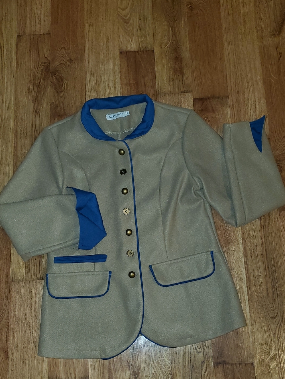MISSLOOK Size (M) Medium  Taupe Jacket with Blue Trim Woman Blazer Button Down